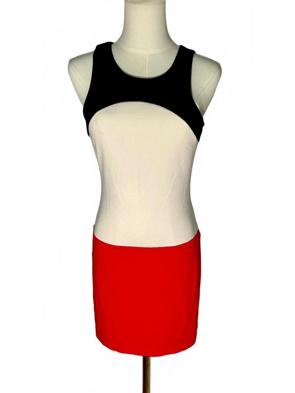 bebe Colorblock Bodycon Mini Dress S/P Red White Black Exposed Zip Cocktail